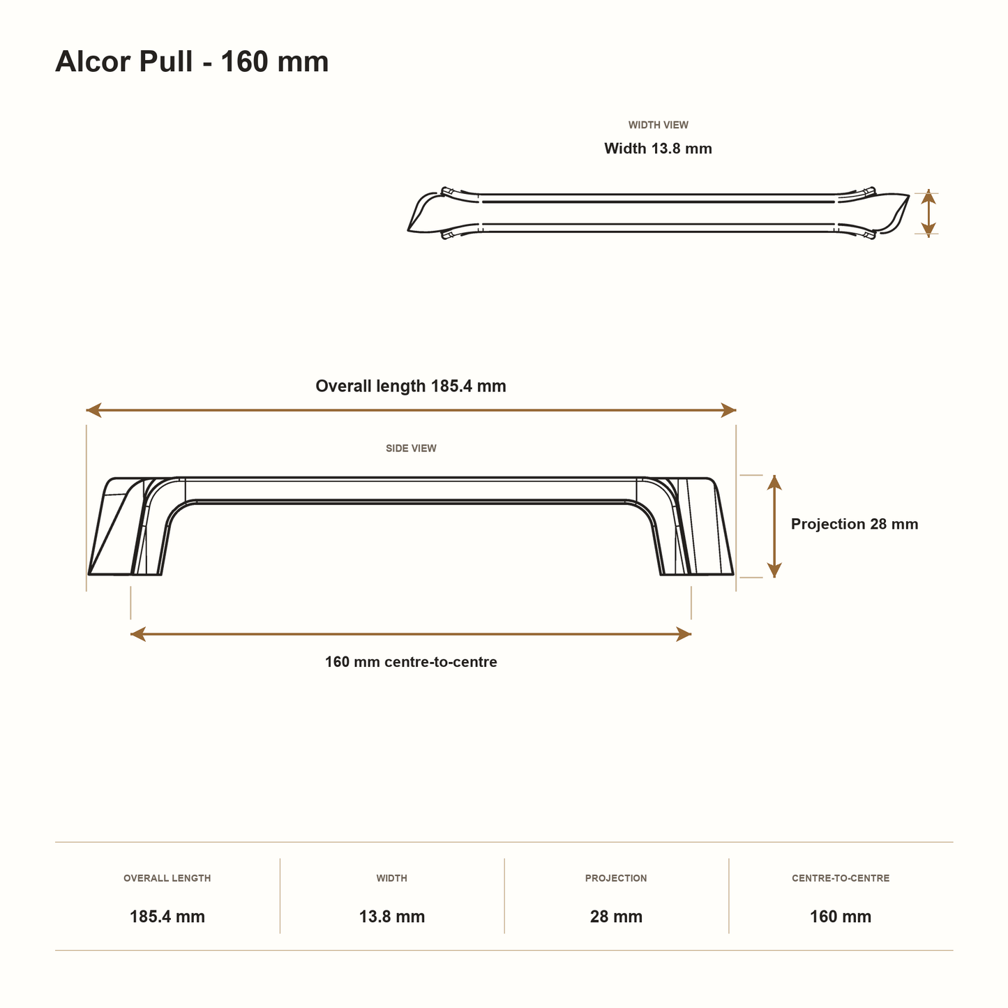 Alcor Pull - 160 mm dimensions: 185.4 mm overall length, 13.8 mm width, 28 mm projection and 160 mm centre-to-centre.
