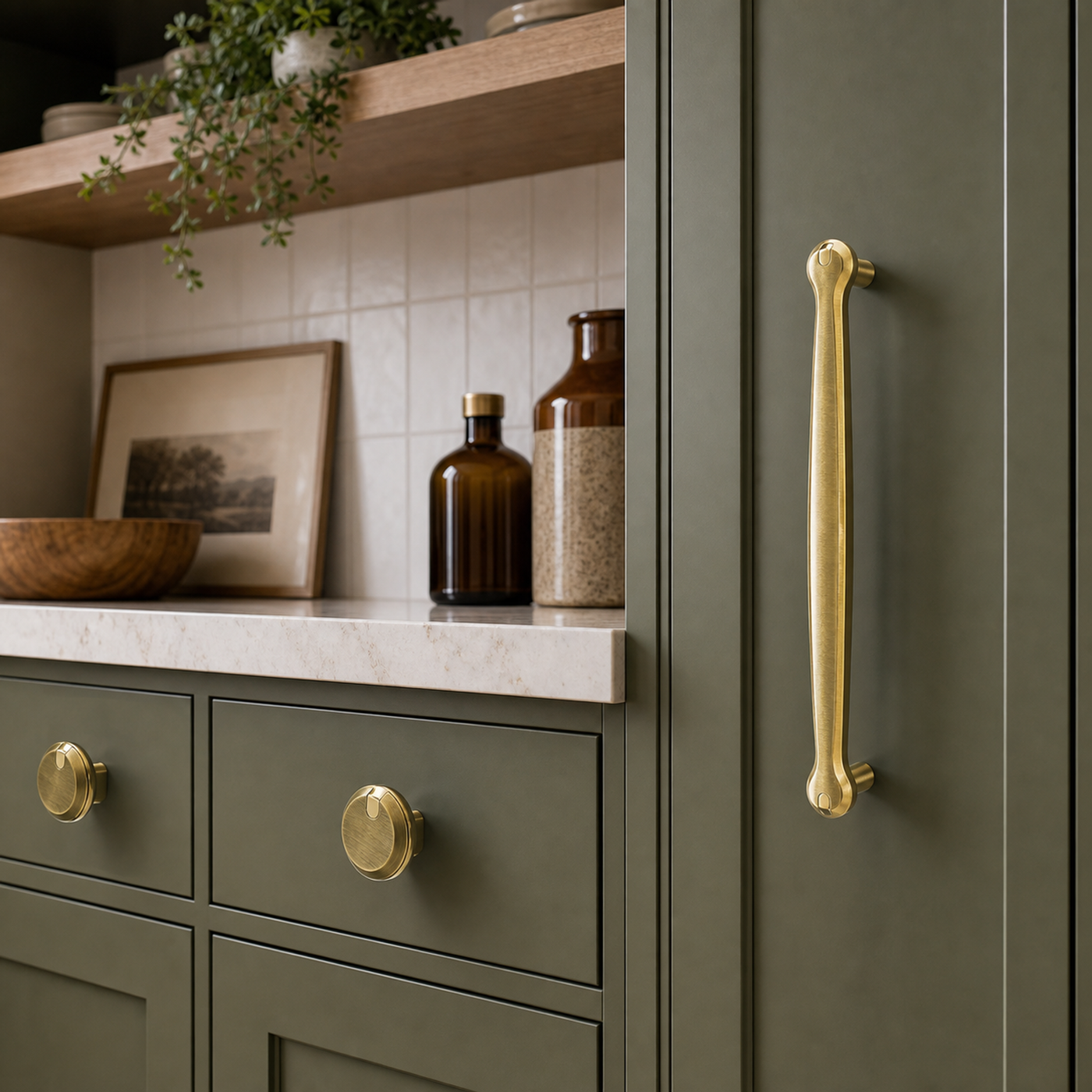 Orion pull and knob shown together on cabinetry