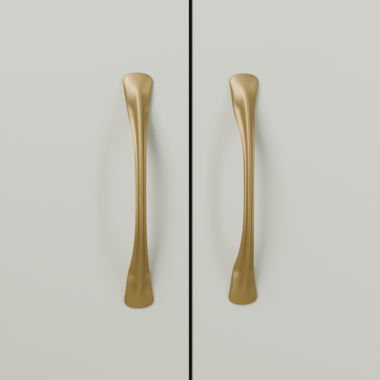 Rigel Pull in Brushed Brass (PVD) installed on greyed sage cabinetry - vertical pair, square view