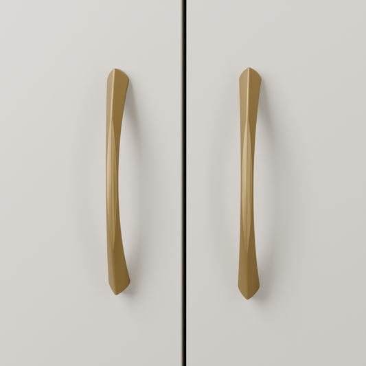 Volans Pull in Brushed Brass (PVD) installed on oyster stone cabinetry - vertical pair, square view