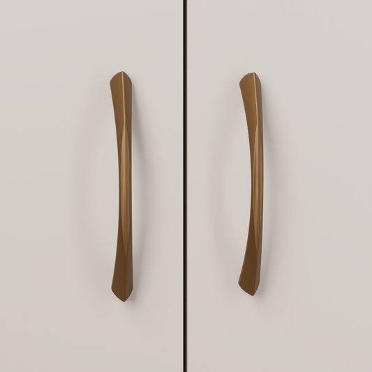 Volans Pull in Warm Bronze (PVD) installed on putty blush cabinetry - vertical pair, square view
