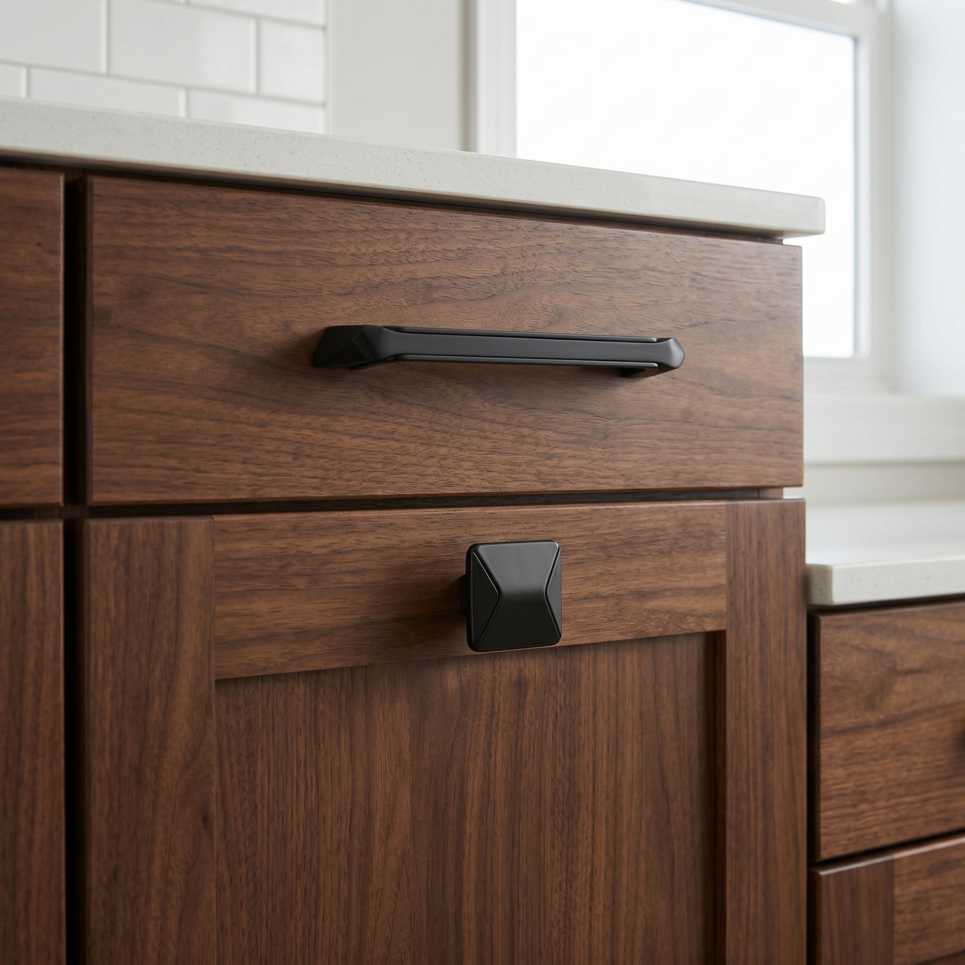 Alcor pull and knob shown together on cabinetry