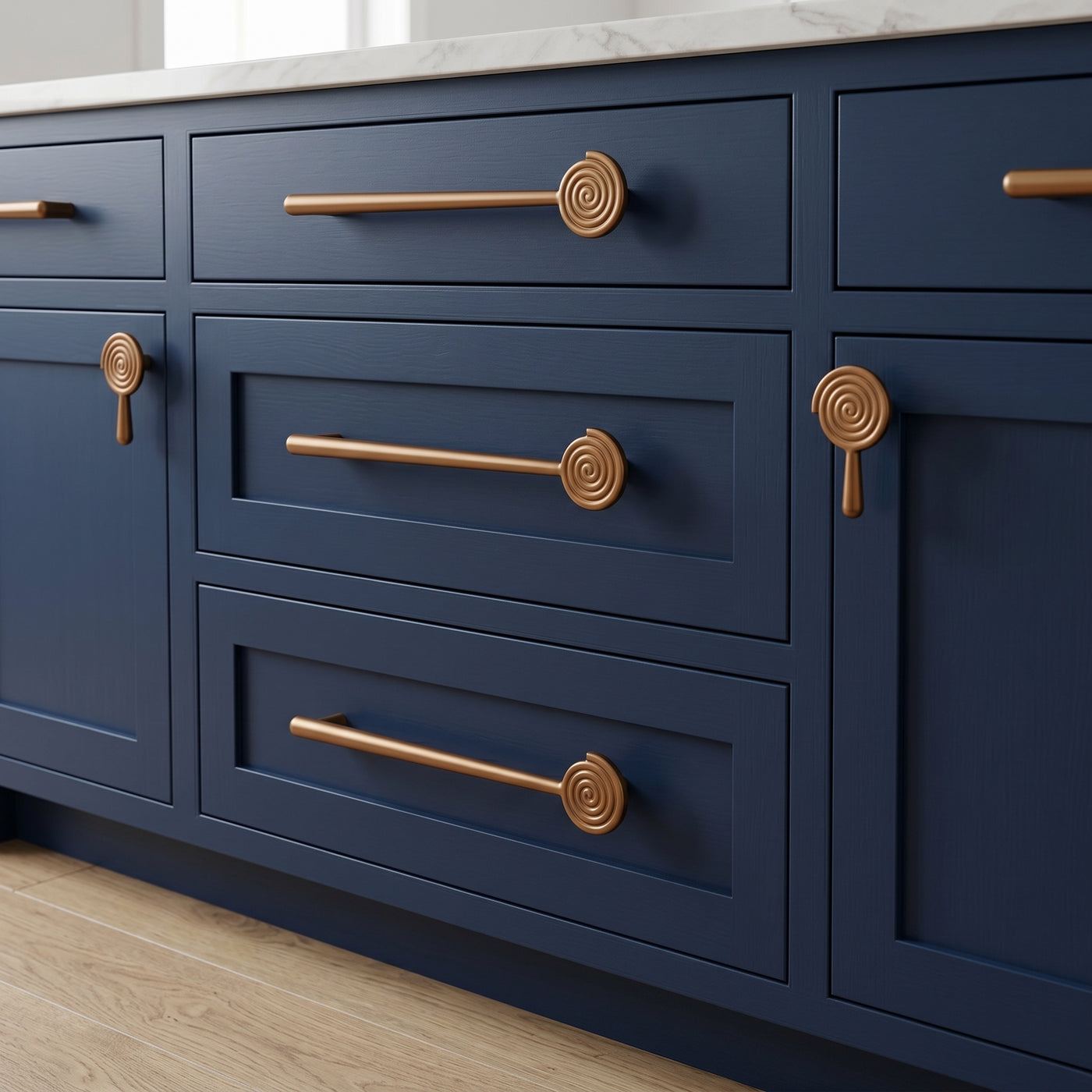 Solara pull and knob shown together on cabinetry