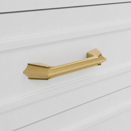 Spica Pull in Brushed and Matte Gold PVD installed on cabinetry - close view