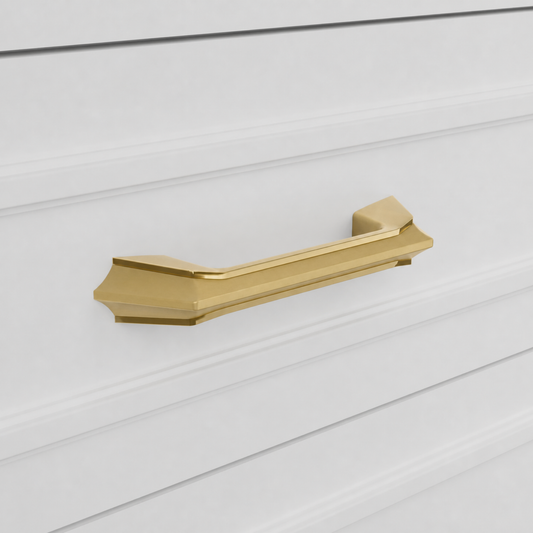 Spica Pull in Brushed and Matte Gold PVD installed on cabinetry - close view