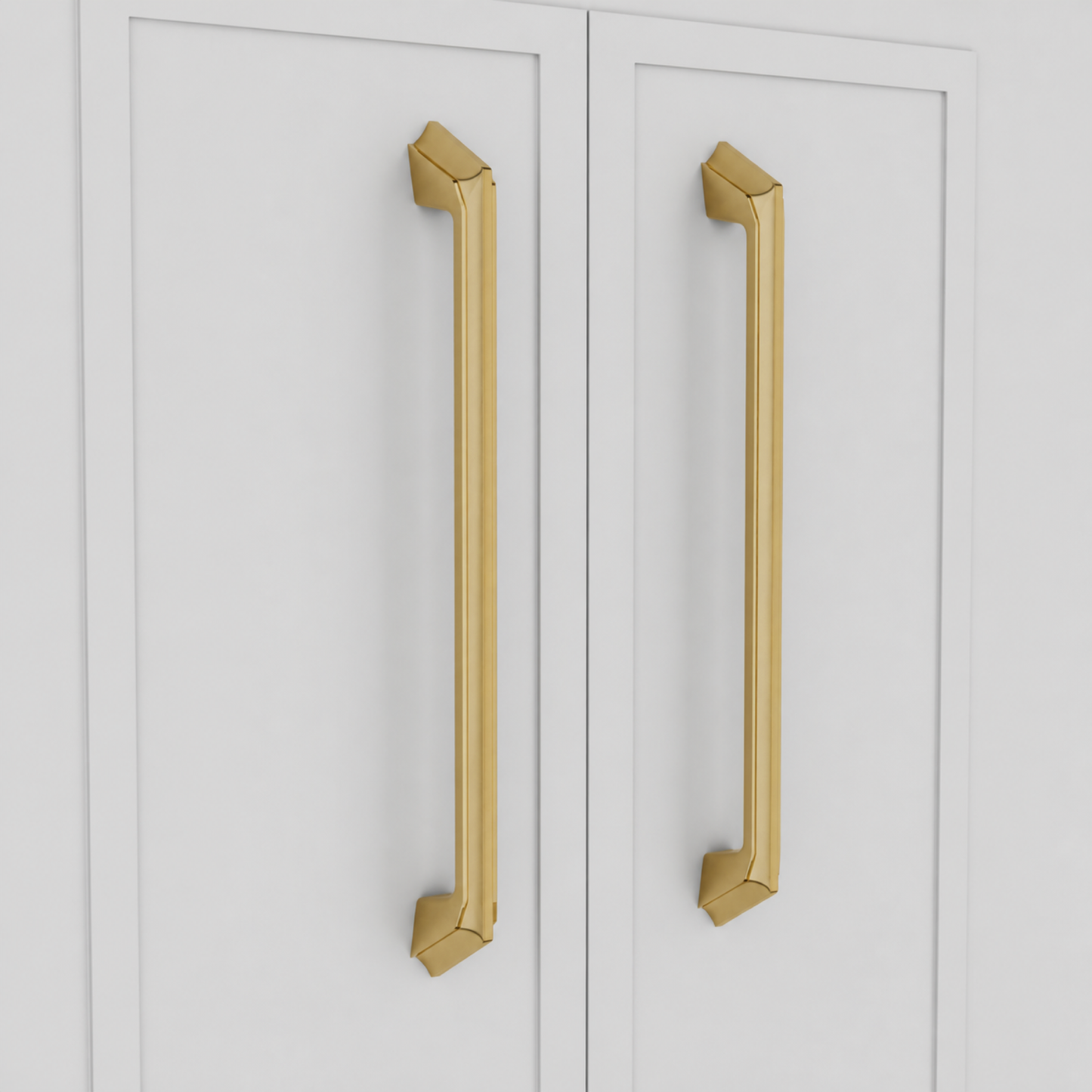 Spica Pull in Brushed and Matte Gold PVD installed on cabinetry - side view