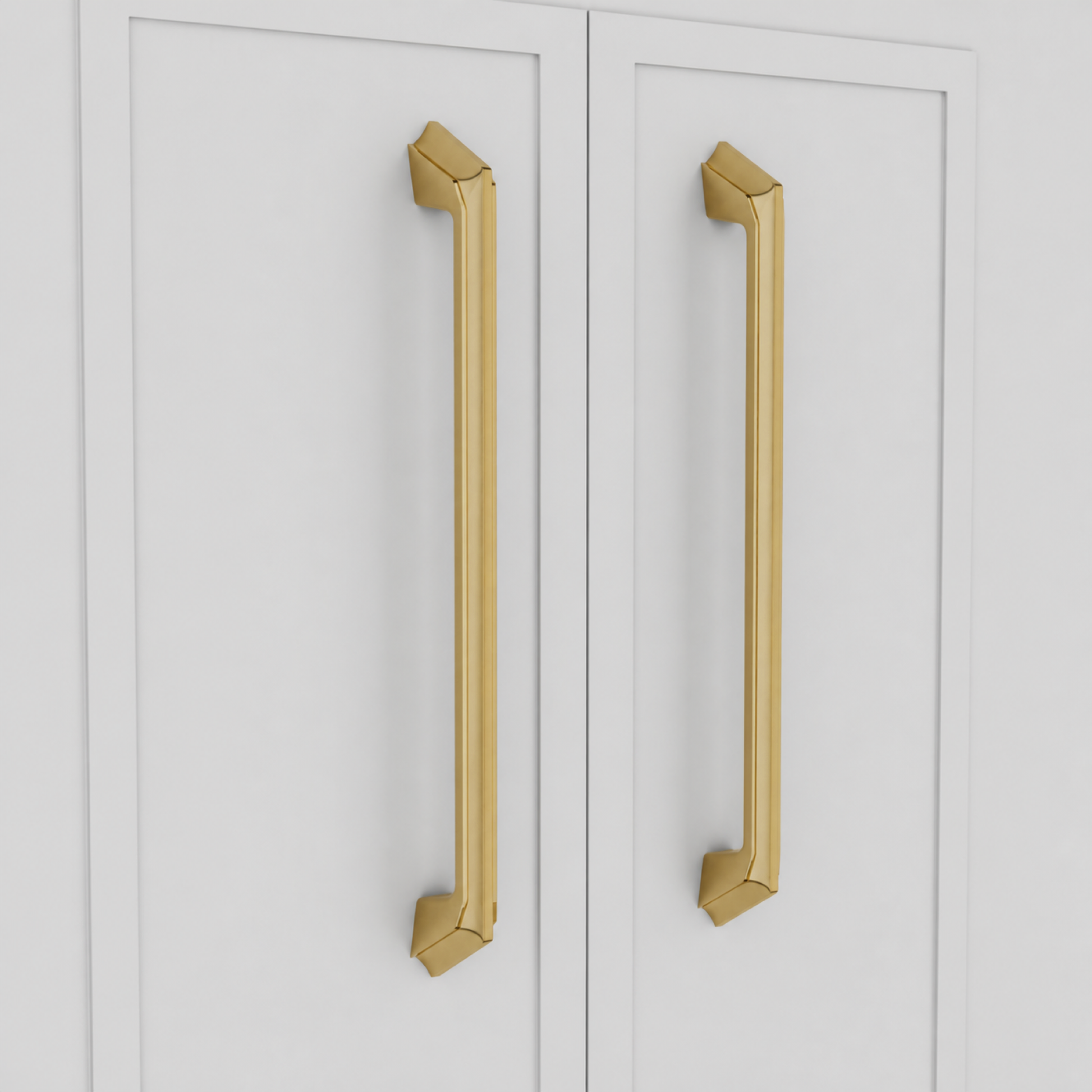 Spica Pull in Brushed and Matte Gold PVD installed on cabinetry - side view