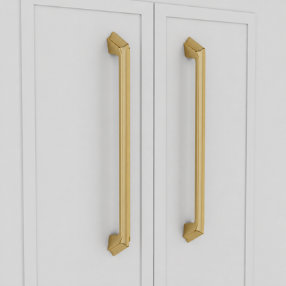 Spica Pull in Brushed and Matte Gold PVD installed on cabinetry - side view