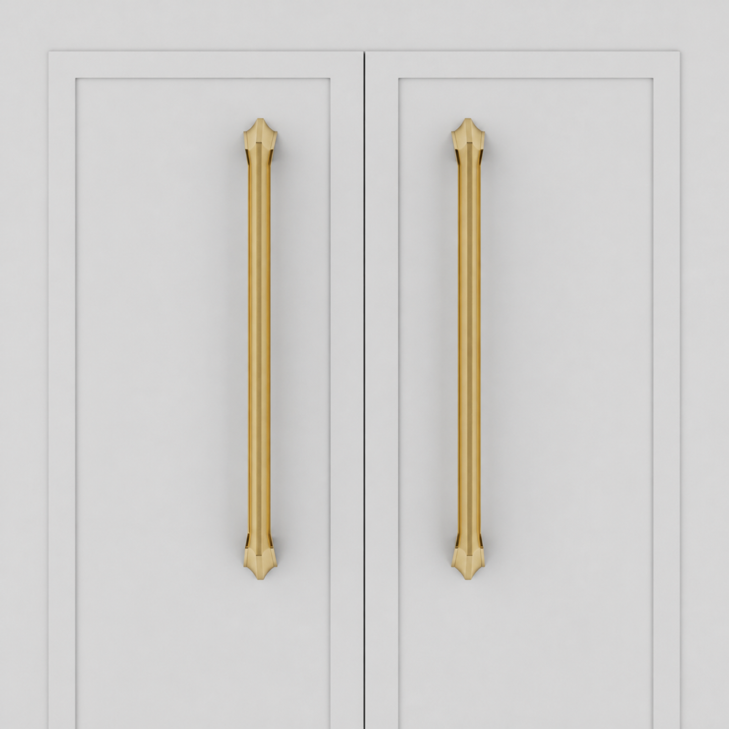 Spica Pull in Brushed and Matte Gold PVD installed on cabinetry - straight view
