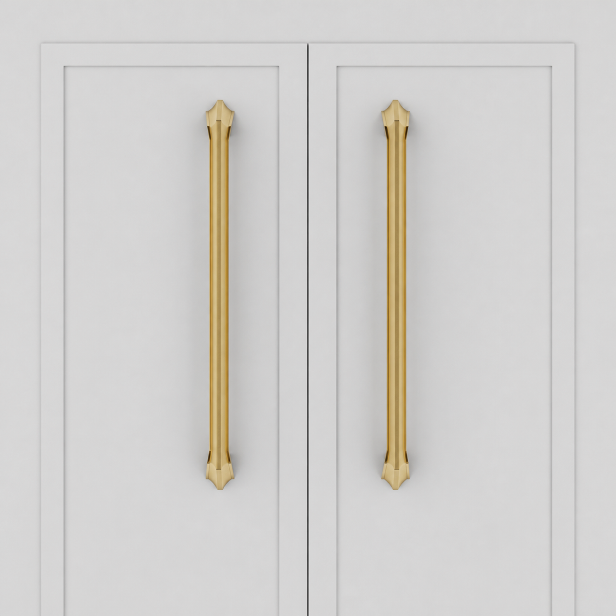 Spica Pull in Brushed and Matte Gold PVD installed on cabinetry - straight view