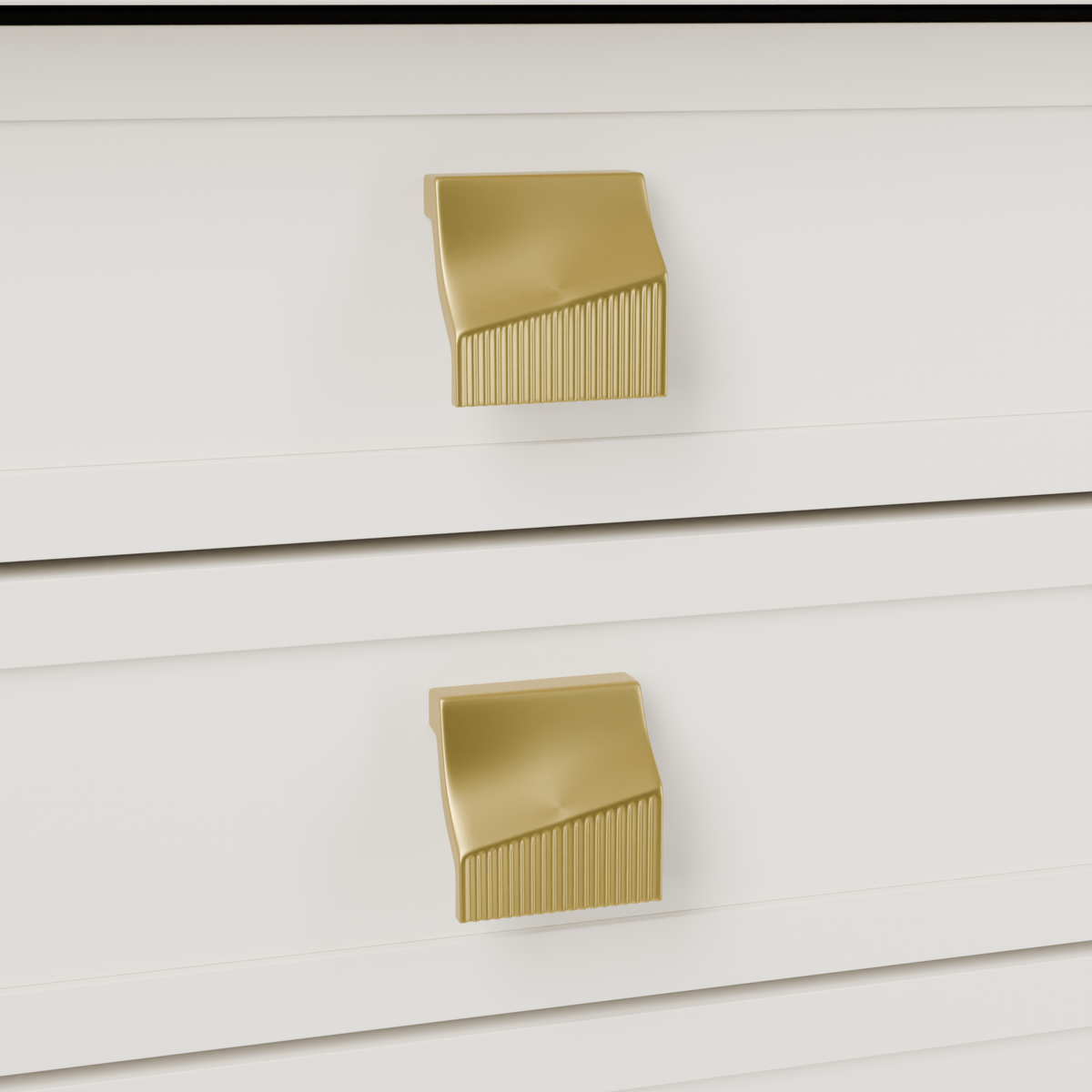 Acrux Knob in Brushed Brass (PVD) installed on warm chalk cabinetry - drawer detail, square view