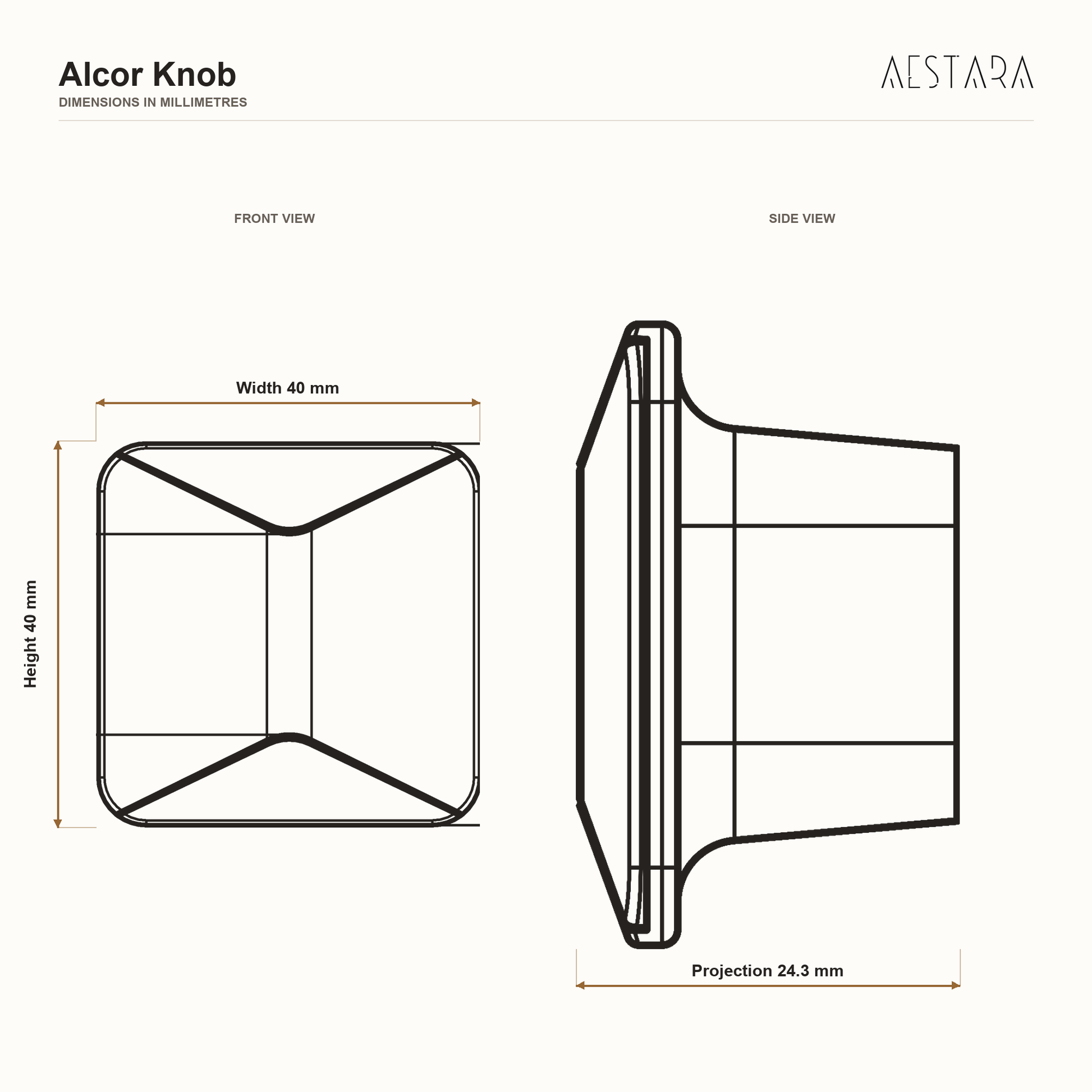 Alcor Knob dimensions: 40 mm width and 40 mm height, 24.3 mm projection.