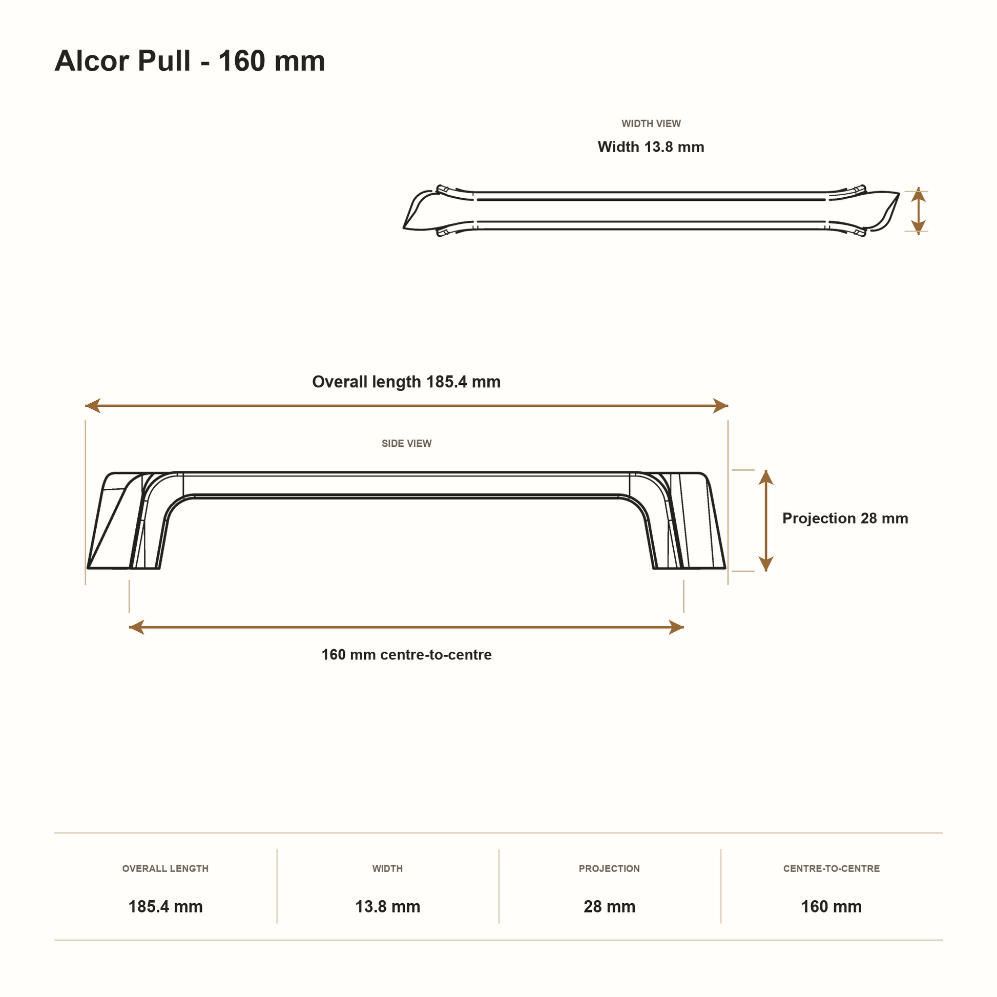 Alcor Pull - 160 mm dimensions: 185.4 mm overall length, 13.8 mm width, 28 mm projection and 160 mm centre-to-centre.