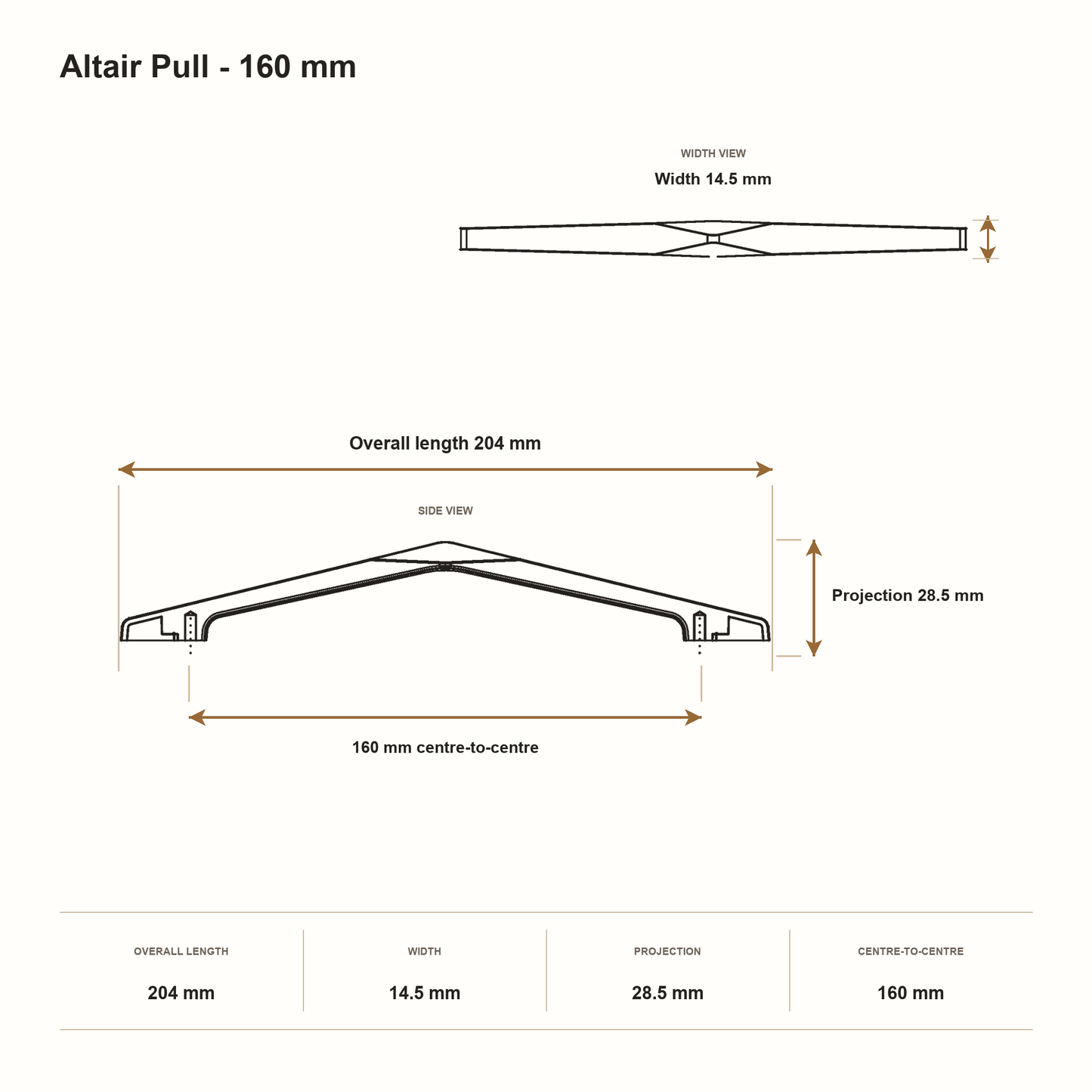 Altair Pull - 160 mm dimensions: 204 mm overall length, 14.5 mm width, 28.5 mm projection and 160 mm centre-to-centre.