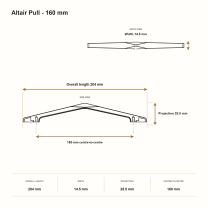 Altair Pull - 160 mm dimensions: 204 mm overall length, 14.5 mm width, 28.5 mm projection and 160 mm centre-to-centre.