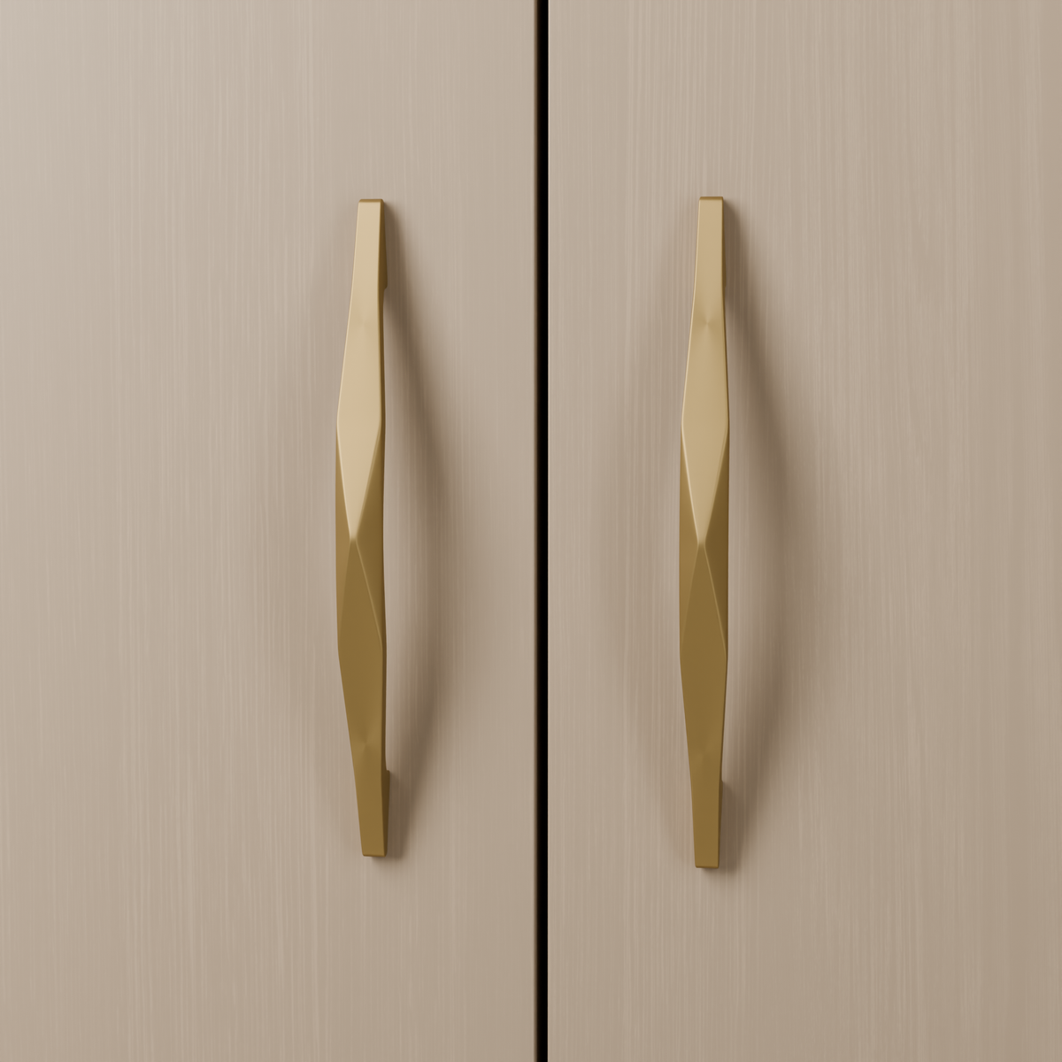 Altair Pull in Brushed Brass (PVD) installed on light timber cabinetry - vertical pair, square view