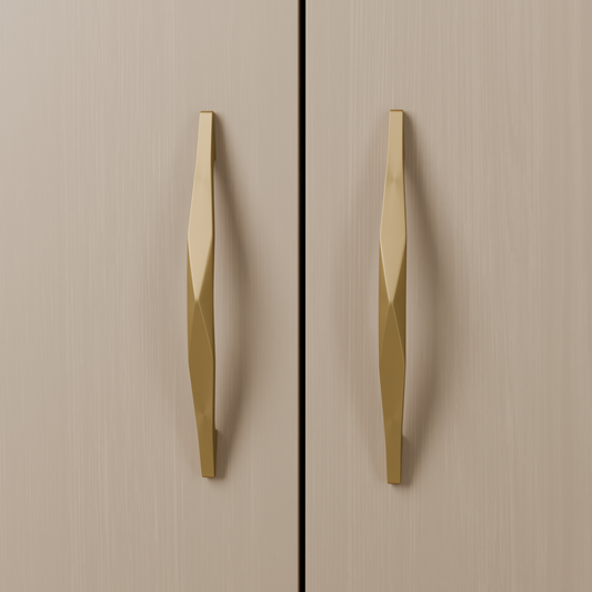Altair Pull in Brushed Brass (PVD) installed on light timber cabinetry - vertical pair, square view