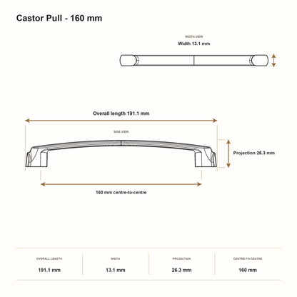 Castor Pull - 160 mm dimensions: 191.1 mm overall length, 13.1 mm width, 26.3 mm projection and 160 mm centre-to-centre.