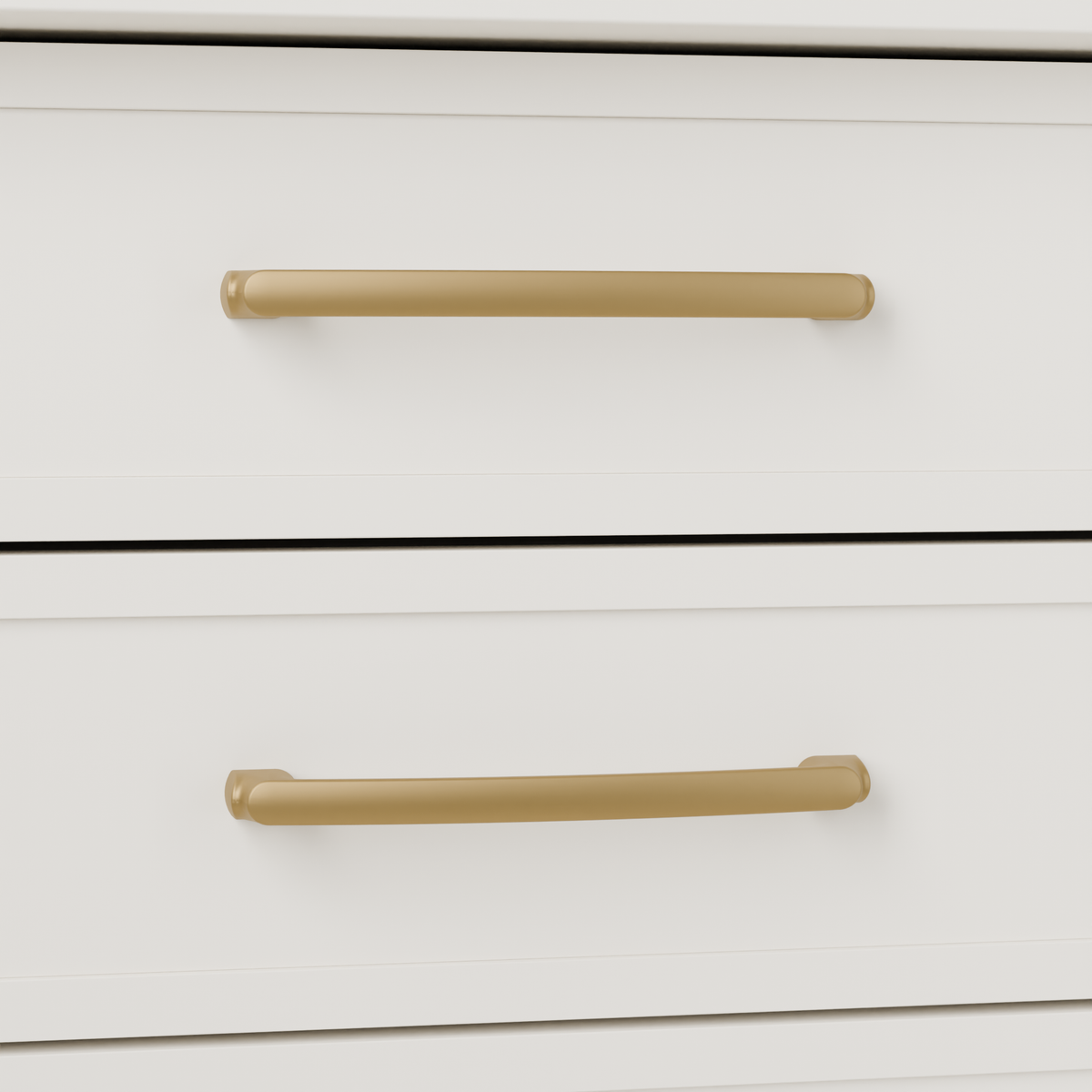 Castor Pull in Brushed Brass (PVD) installed on warm chalk cabinetry - horizontal pair, square view
