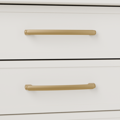 Castor Pull in Brushed Brass (PVD) installed on warm chalk cabinetry - horizontal pair, square view