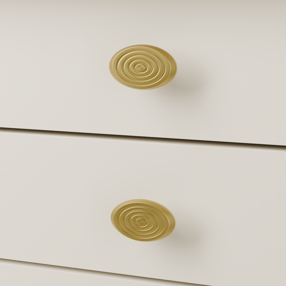 Izar Knob in Brushed Brass (PVD) installed on warm almond cabinetry - drawer detail, square view