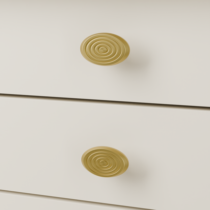 Izar Knob in Brushed Brass (PVD) installed on warm almond cabinetry - drawer detail, square view