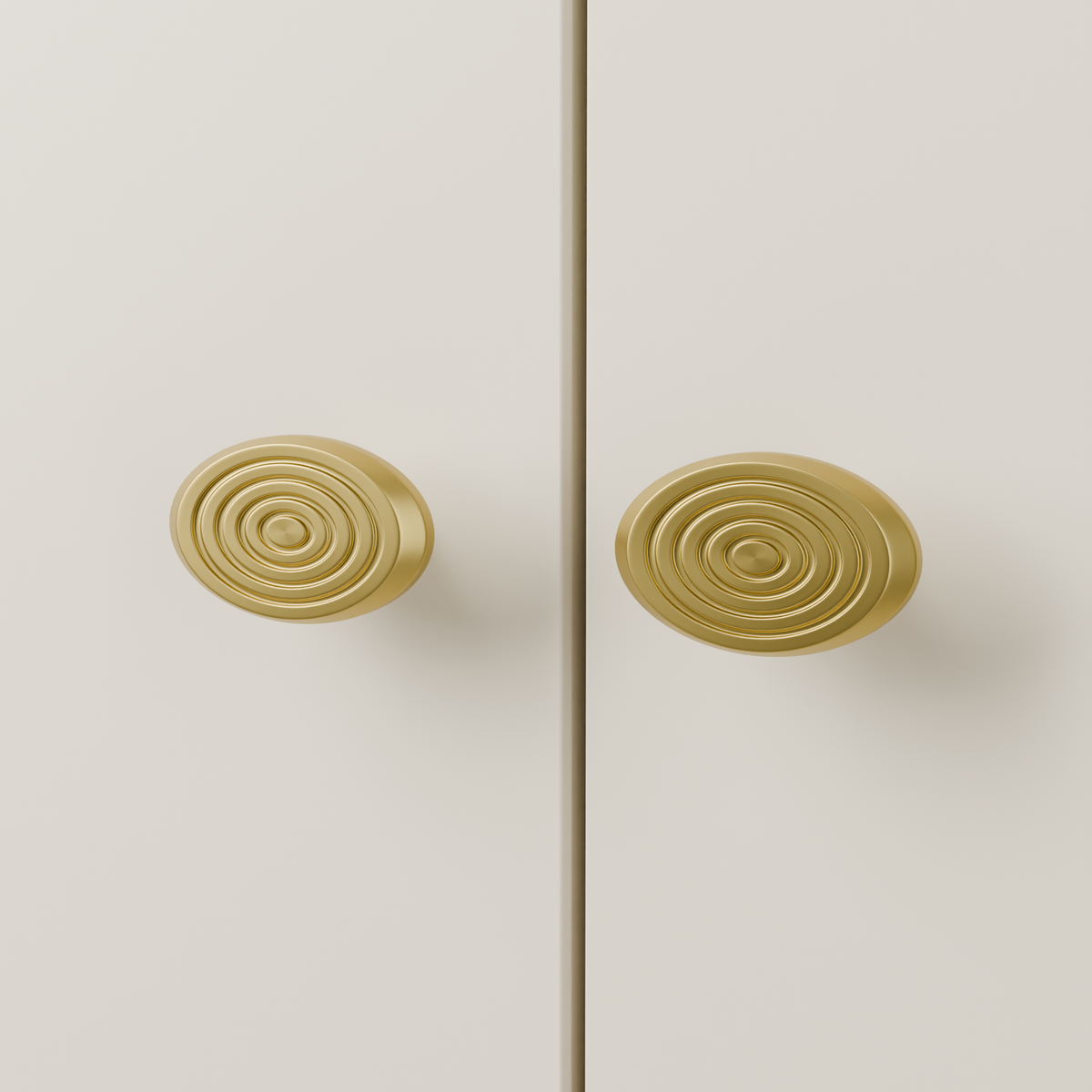 Izar Knob in Brushed Brass (PVD) installed on warm almond cabinetry - paired doors, square view
