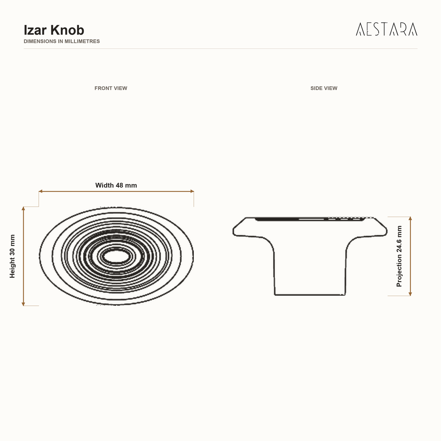 Izar Knob dimensions: 48 mm width and 30 mm height, 24.6 mm projection.