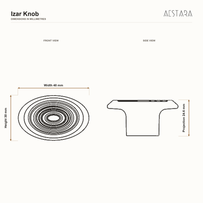 Izar Knob dimensions: 48 mm width and 30 mm height, 24.6 mm projection.