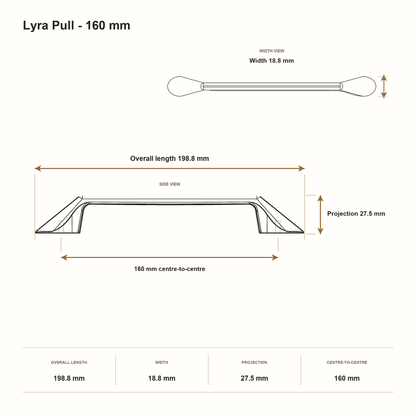 Lyra Pull - 160 mm dimensions: 198.8 mm overall length, 18.8 mm width, 27.5 mm projection and 160 mm centre-to-centre.