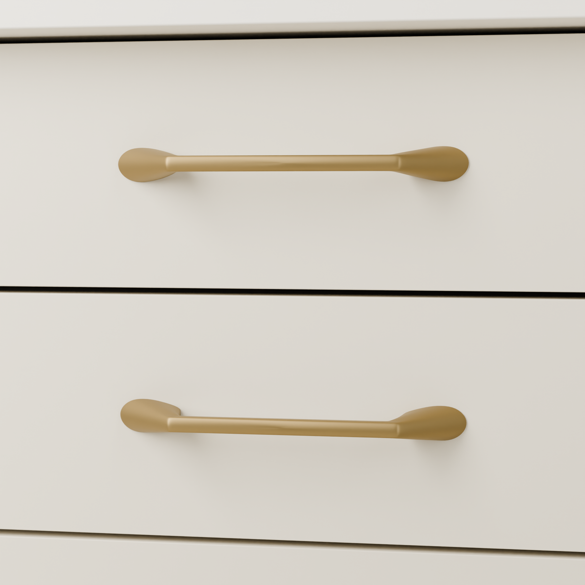 Lyra Pull in Brushed Brass (PVD) installed on warm almond cabinetry - horizontal pair, square view