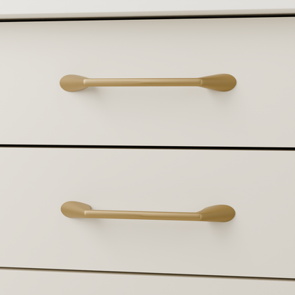 Lyra Pull in Brushed Brass (PVD) installed on warm almond cabinetry - horizontal pair, square view