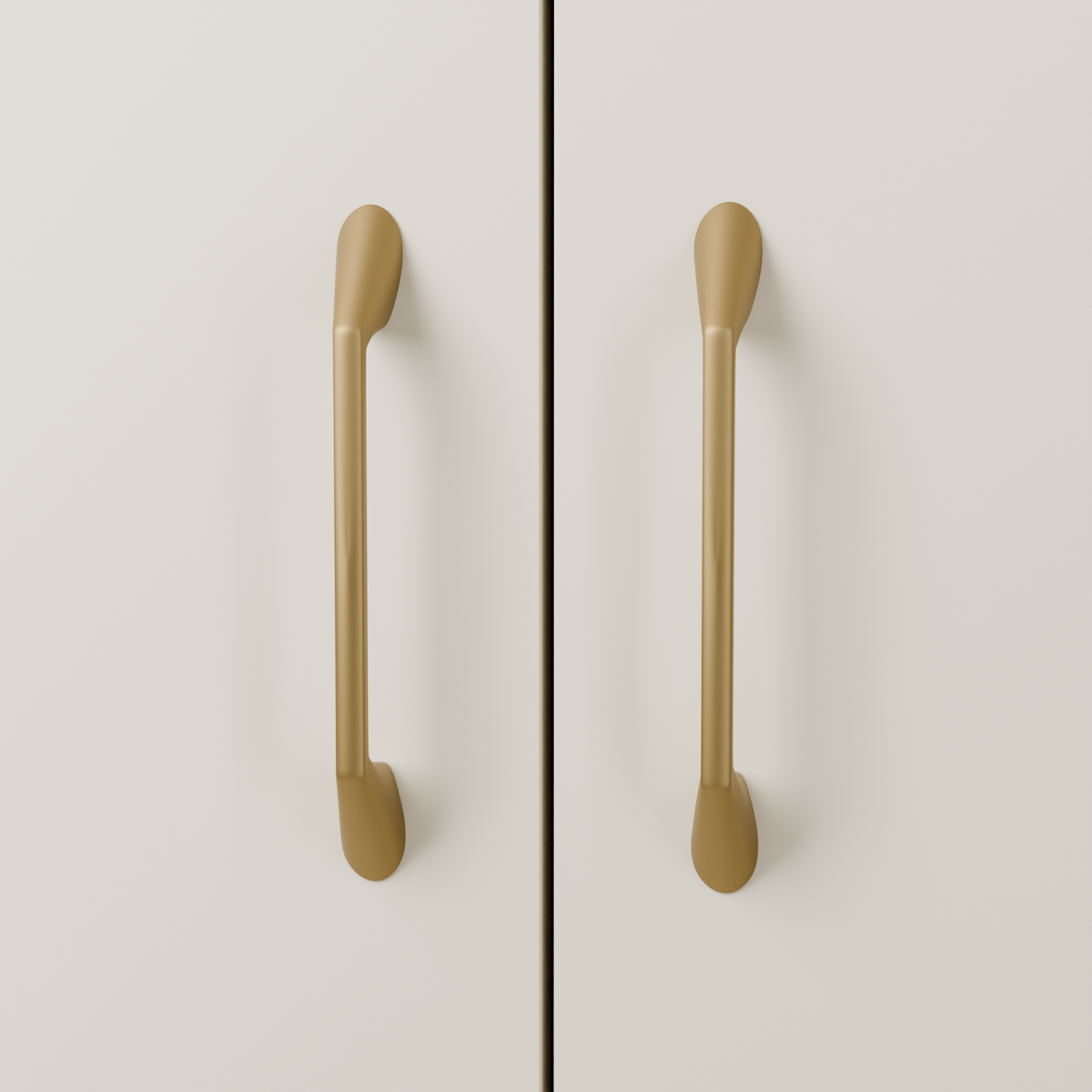 Lyra Pull in Brushed Brass (PVD) installed on warm almond cabinetry - vertical pair, square view