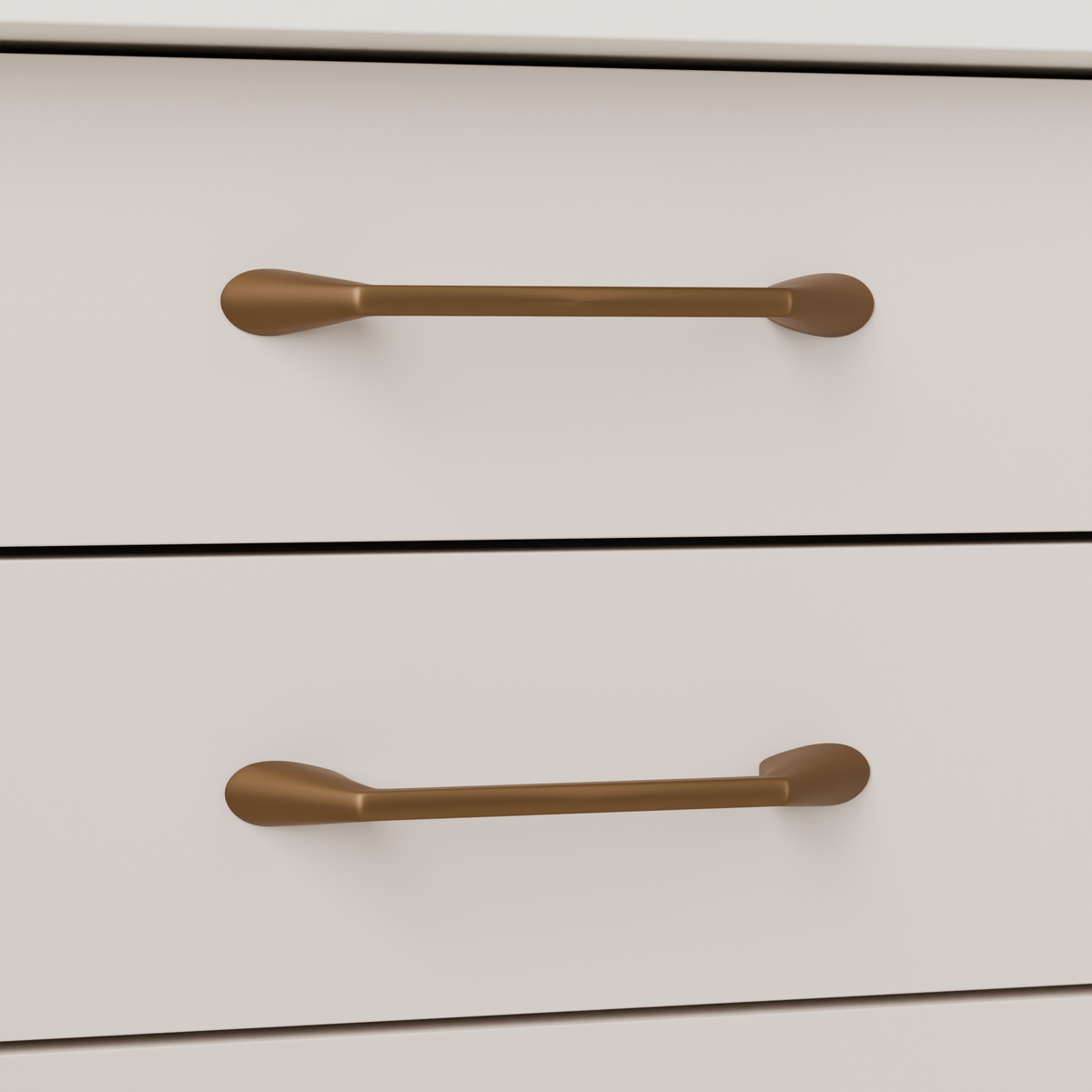 Lyra Pull in Warm Bronze (PVD) installed on putty blush cabinetry - horizontal pair, square view