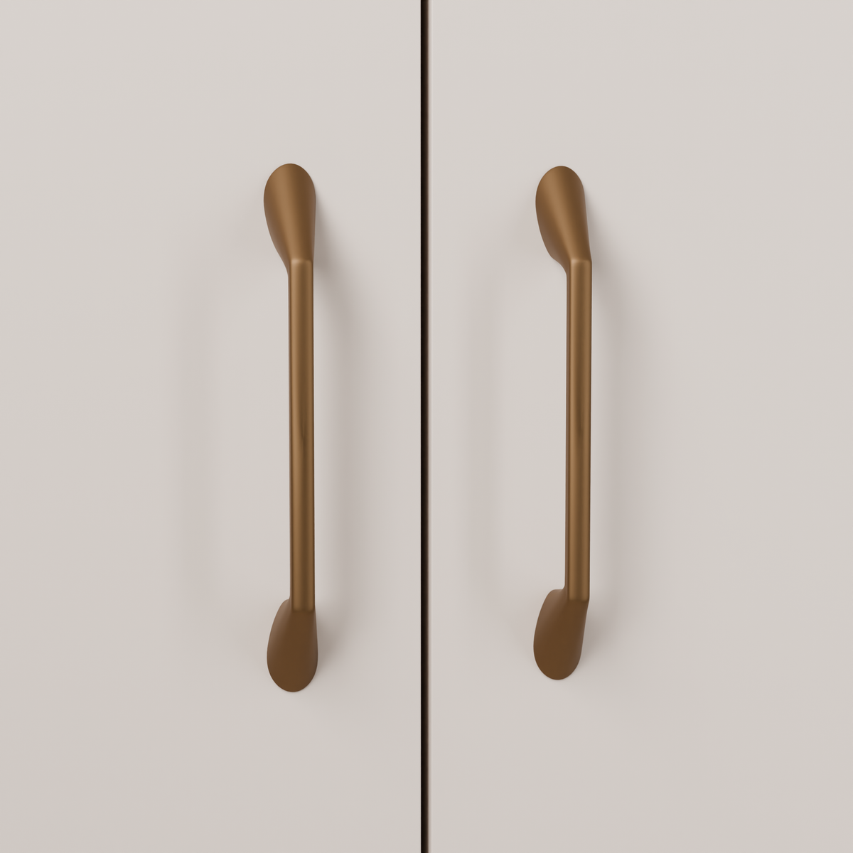 Lyra Pull in Warm Bronze (PVD) installed on putty blush cabinetry - vertical pair, square view