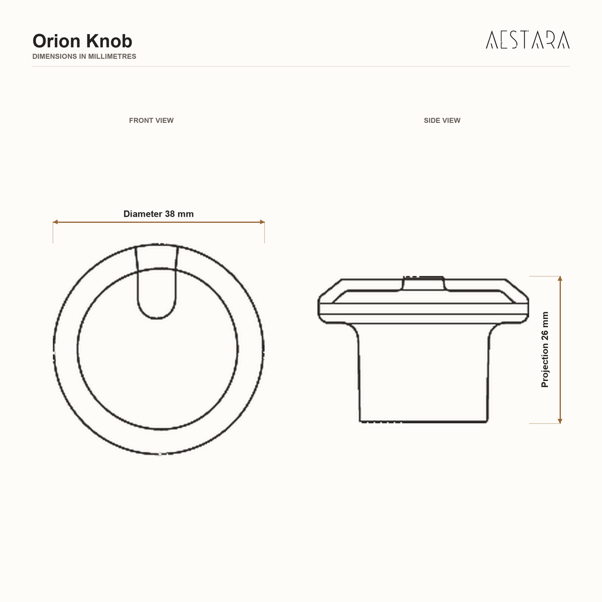 Orion Knob dimensions: 38 mm diameter, 26 mm projection.