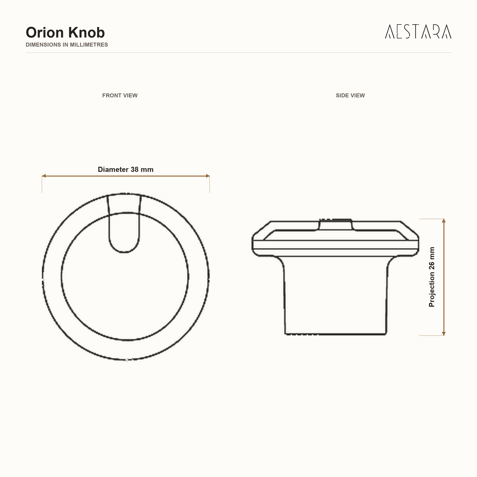 Orion Knob dimensions: 38 mm diameter, 26 mm projection.