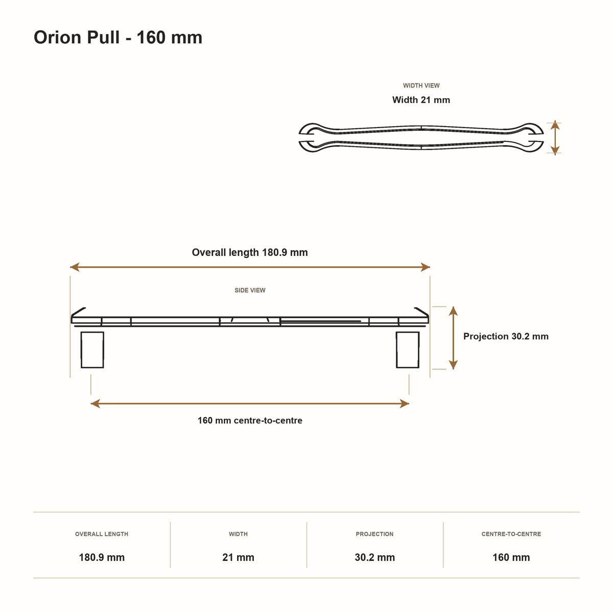 Orion Pull - 160 mm dimensions: 180.9 mm overall length, 21 mm width, 30.2 mm projection and 160 mm centre-to-centre.