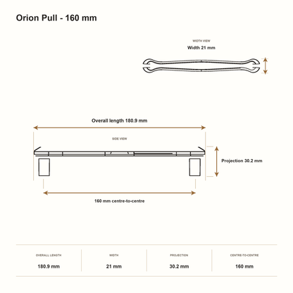 Orion Pull - 160 mm dimensions: 180.9 mm overall length, 21 mm width, 30.2 mm projection and 160 mm centre-to-centre.