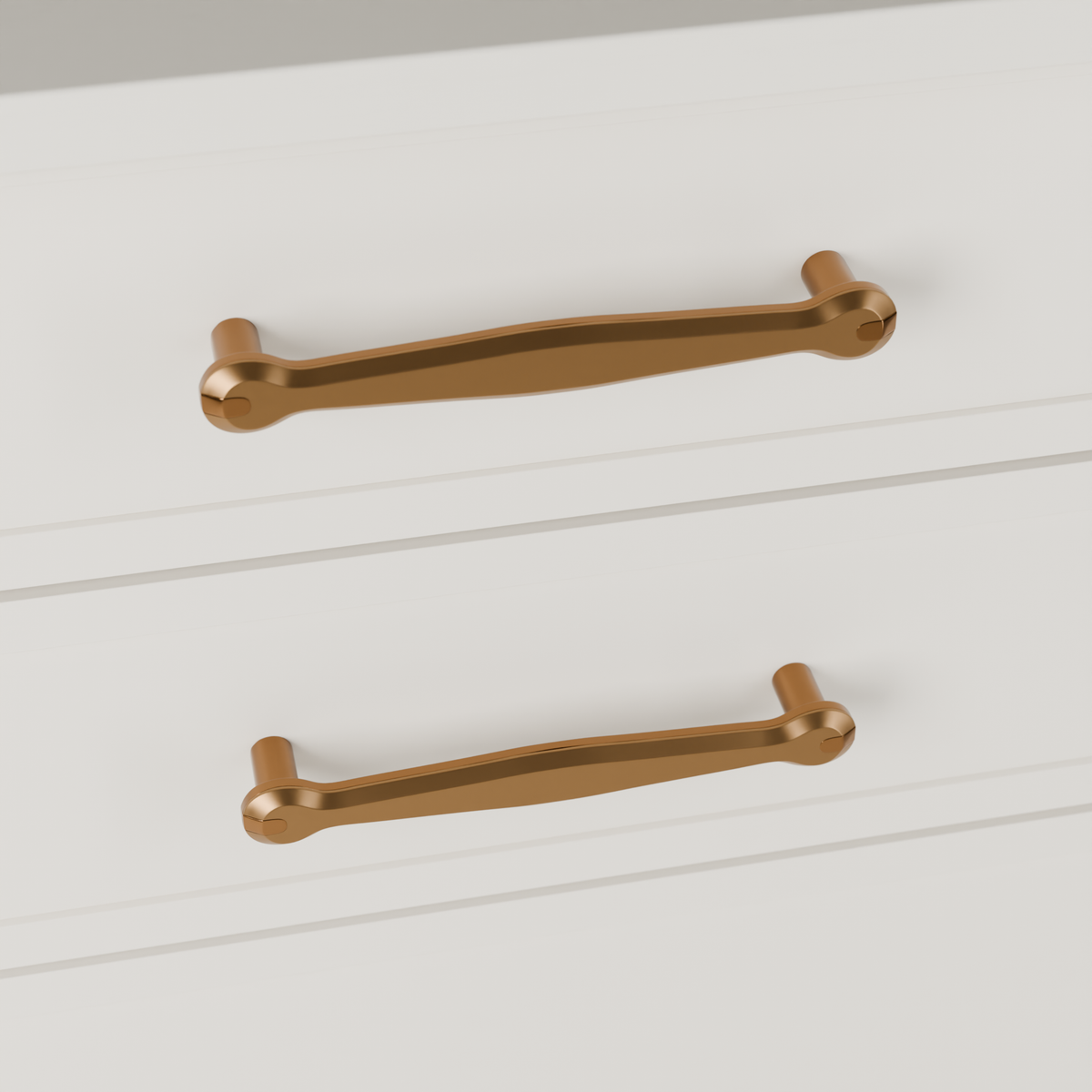 Orion Pull in Brushed + Polished Copper (PVD) installed on warm chalk cabinetry - horizontal pair, square view