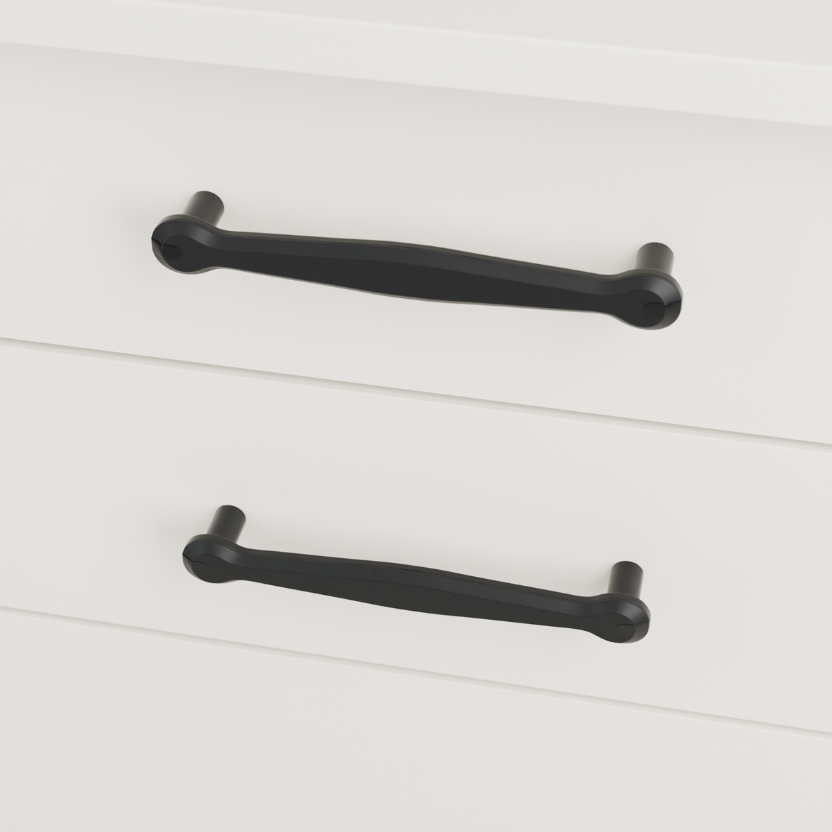 Orion Pull in Polished Black + Matte Black installed on warm chalk cabinetry - horizontal pair, square view