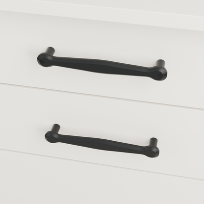 Orion Pull in Polished Black + Matte Black installed on warm chalk cabinetry - horizontal pair, square view