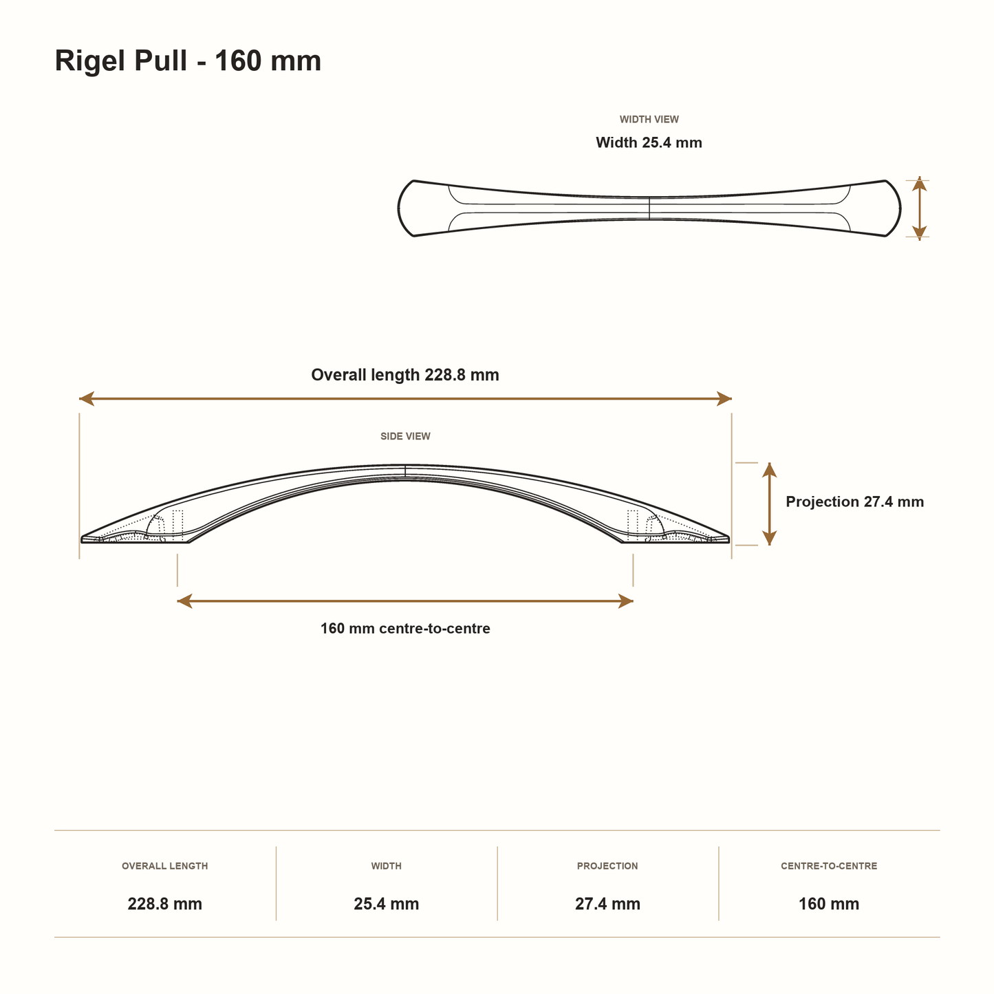 Rigel Pull - 160 mm dimensions: 228.8 mm overall length, 25.4 mm width, 27.4 mm projection and 160 mm centre-to-centre.