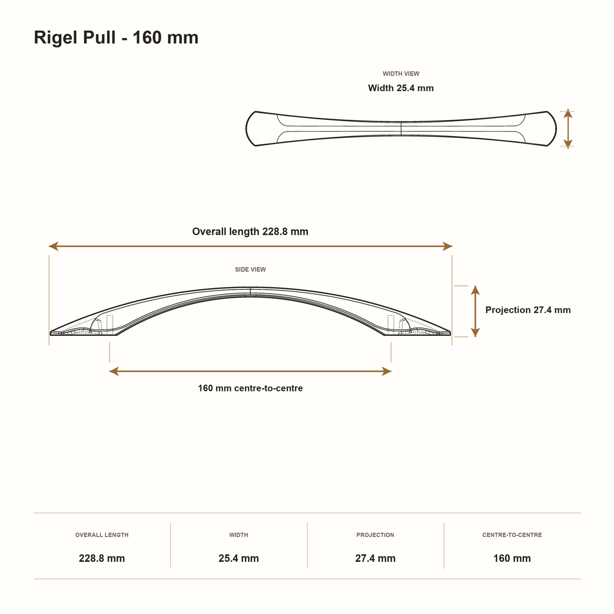 Rigel Pull - 160 mm dimensions: 228.8 mm overall length, 25.4 mm width, 27.4 mm projection and 160 mm centre-to-centre.