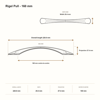 Rigel Pull - 160 mm dimensions: 228.8 mm overall length, 25.4 mm width, 27.4 mm projection and 160 mm centre-to-centre.