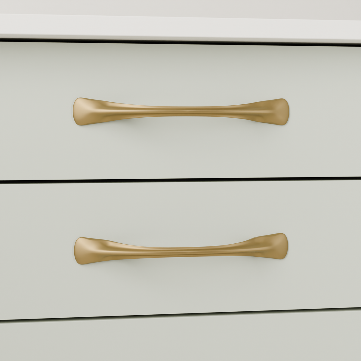 Rigel Pull in Brushed Brass (PVD) installed on greyed sage cabinetry - horizontal pair, square view