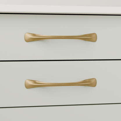 Rigel Pull in Brushed Brass (PVD) installed on greyed sage cabinetry - horizontal pair, square view