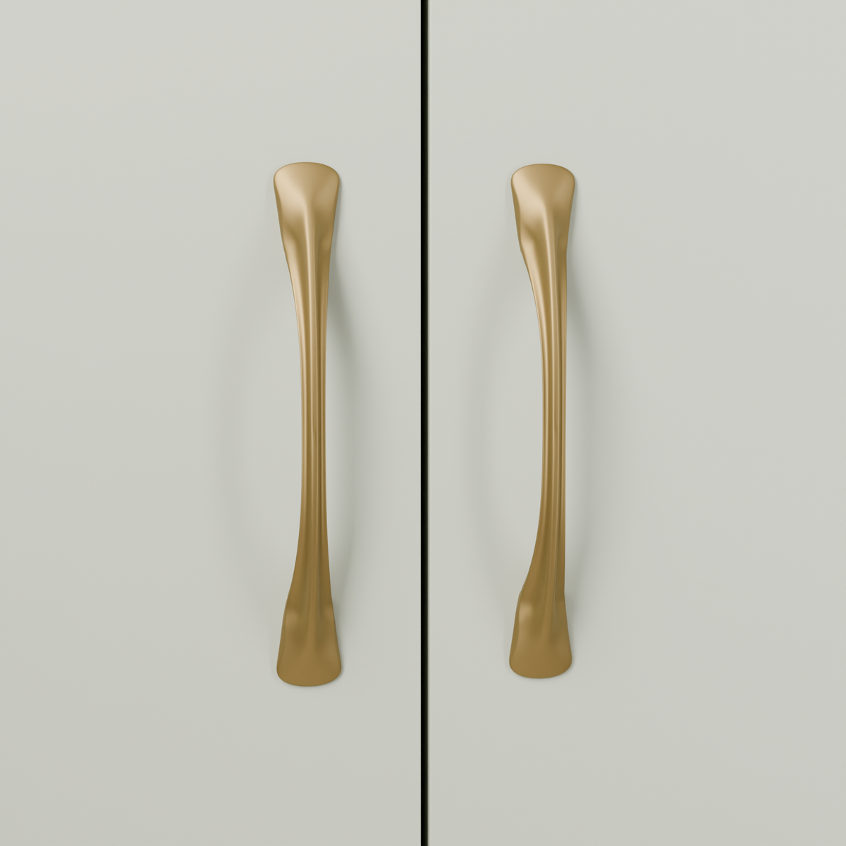 Rigel Pull in Brushed Brass (PVD) installed on greyed sage cabinetry - vertical pair, square view