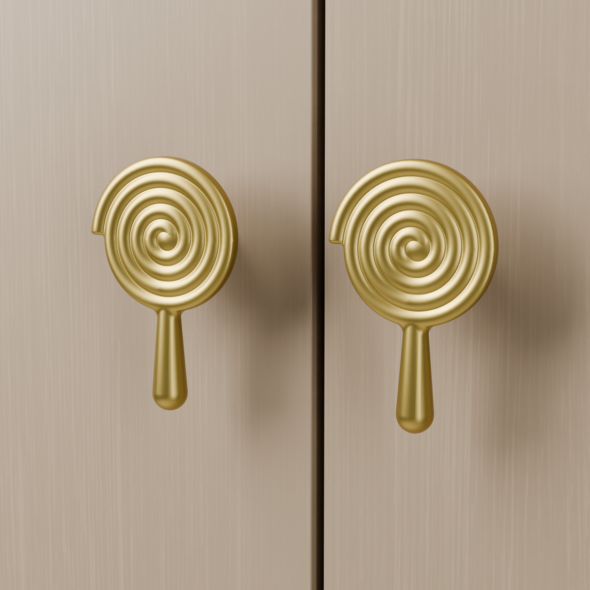 Solara Knob in Brushed Brass (PVD) installed on light timber cabinetry - paired doors, square view