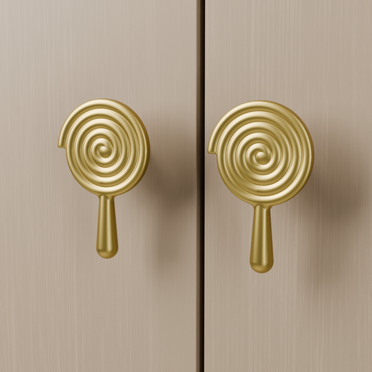 Solara Knob in Brushed Brass (PVD) installed on light timber cabinetry - paired doors, square view